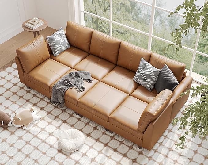 SITJOY 118" Faux Leather Modular Sectional Sofa with Storage, Mid Century Modern Sectional Couches for Living Room, Soft Padded Armrests, 8 Seat Sofa Bed, Brown