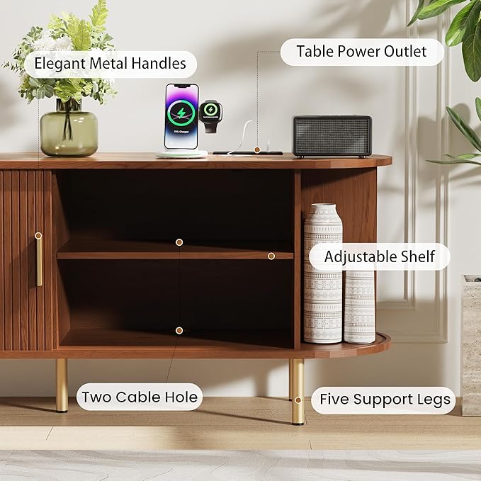 DHH 55 Inch Mid Century Modern TV Stand with Power Outlet for TVs up to 60 Inch, Entertainment Center with Storage and Adjustable Shelves, Media Console with Sliding Doors for Living Room(Walnut)