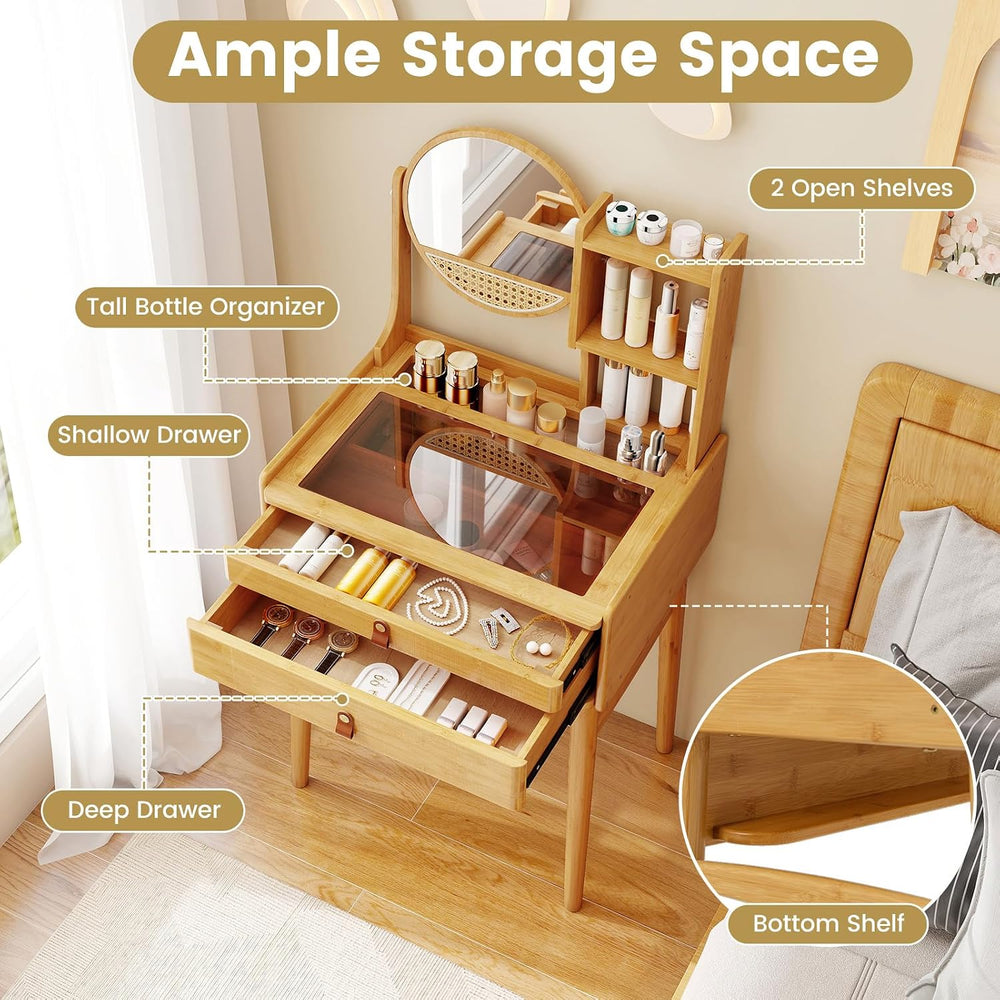 CHARMAID Small Bamboo Vanity Desk with Mirror and Stool, Glass Top Makeup Van...