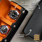 DailyWatch | Personalized Watch Roll Travel Case For 2 Watches - Handmade Genuine Leather Travel Case With Custom Engraving of Name or Initials - Black Orange