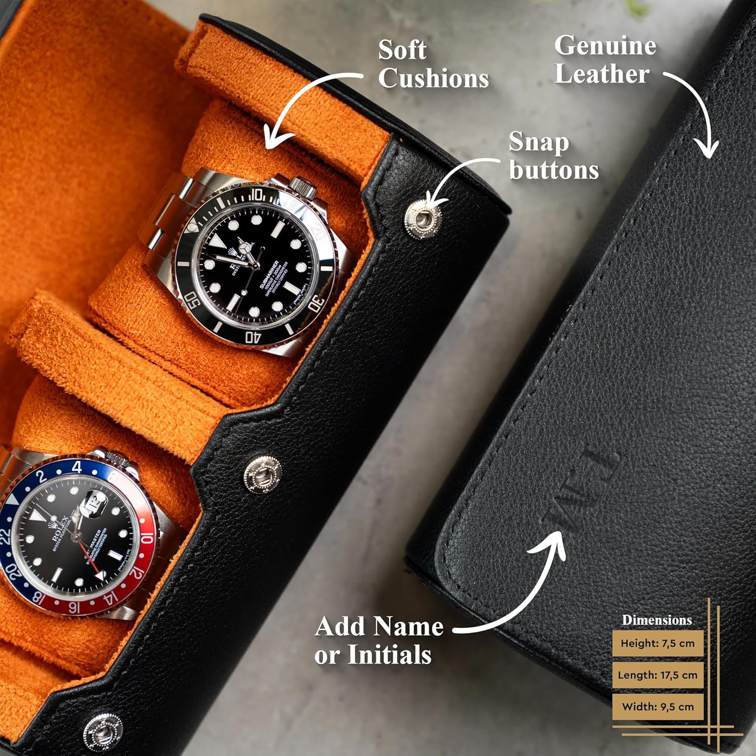 DailyWatch | Personalized Watch Roll Travel Case For 2 Watches - Handmade Genuine Leather Travel Case With Custom Engraving of Name or Initials - Black Orange