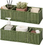 GRANNY SAYS Wicker Toilet Paper Basket Holder for Back of Toilet Baskets, Small Bathroom Basket Organizer and Storage for Tank topper, Olive Green Decor Sink Tank Tray with Dividers, 2 Pack