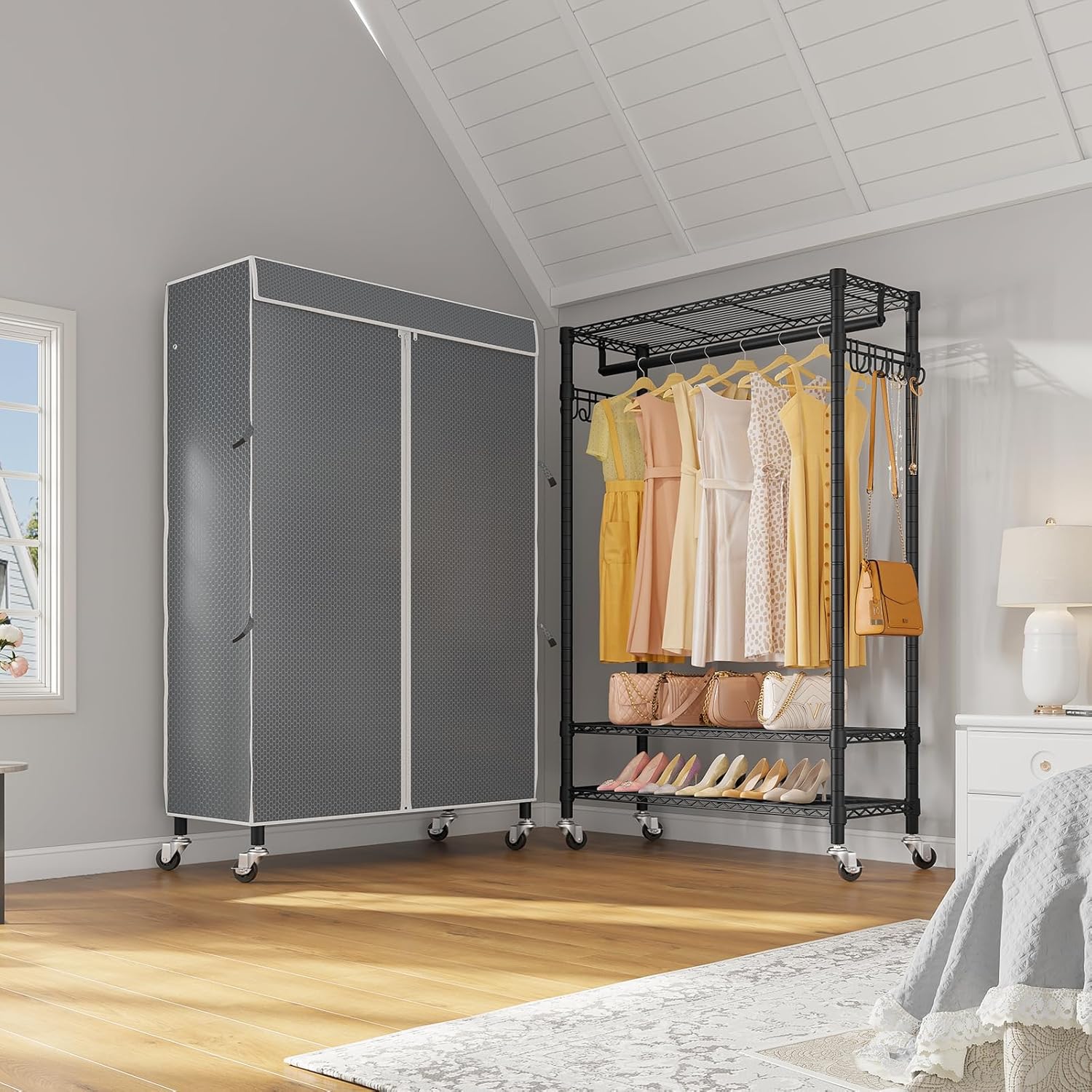 VIPEK R3C Rolling Clothes Rack with Cover Portable Closet for Hanging Clothes, Heavy Duty Garment Rack Clothing Racks with Wheels& Hanging Rod, Black Racks with Grey Upgraded Polyester Cover