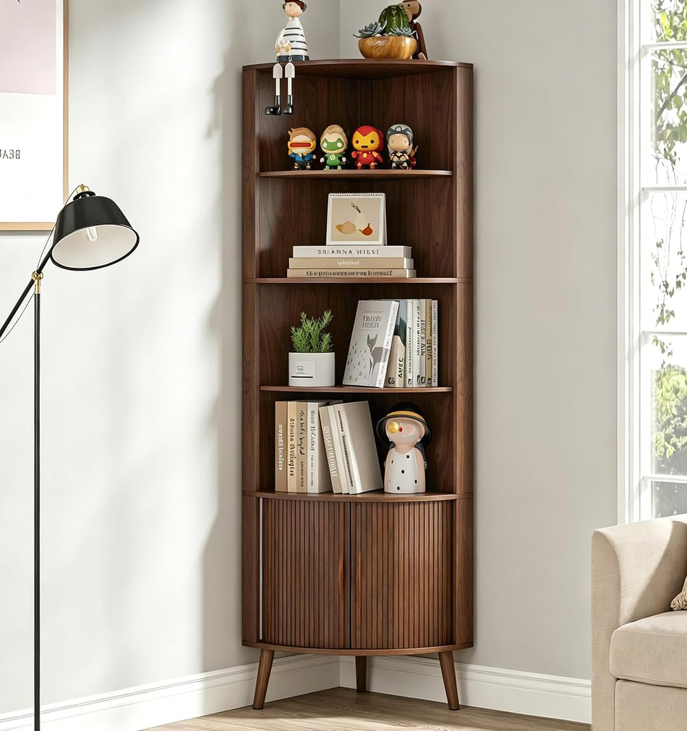 66'' Tall Corner Bookshelf with 2 Fluted Sliding Doors,Walnut