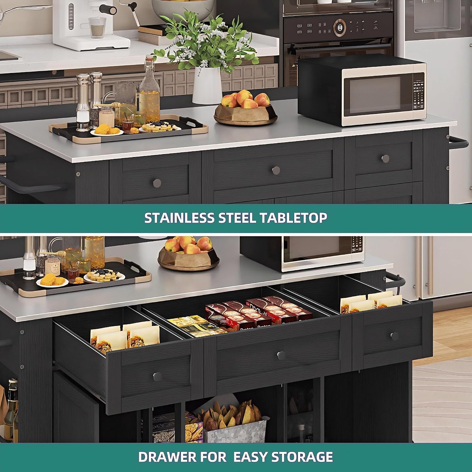 YITAHOME 60 Inch Kitchen Island with Drop Leaf | Mobile Stroage Islands with Stainless Steel Top, Rolling Island Table with Power Outlet, Adjustable Shelves, Spice Rack