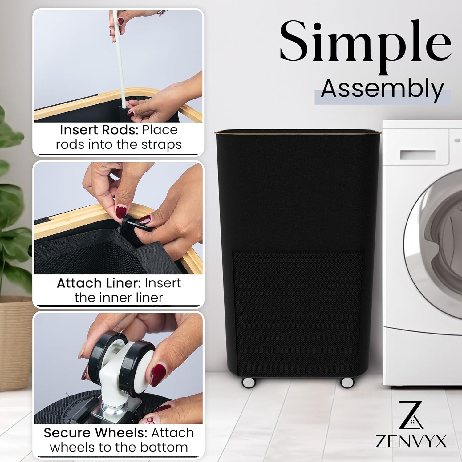 Laundry Basket with Wheels and Handle - 100L Bamboo-Fabric Laundry Hamper with Lid, Front Mesh Pocket, Travel Bag, Sturdy Wheels, Black