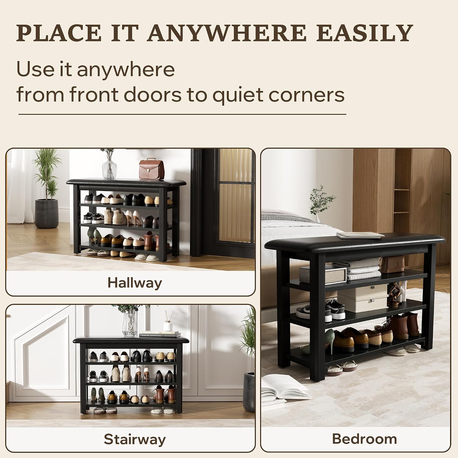 Shoe Rack Bench with Leather Cushion 3-Tier Shoe Rack Organizer for Entryway Hallway or Living Room Farmhouse Rustic Wooden Seat Bench Black 11.8" Dx23.6 Wx20.4 H