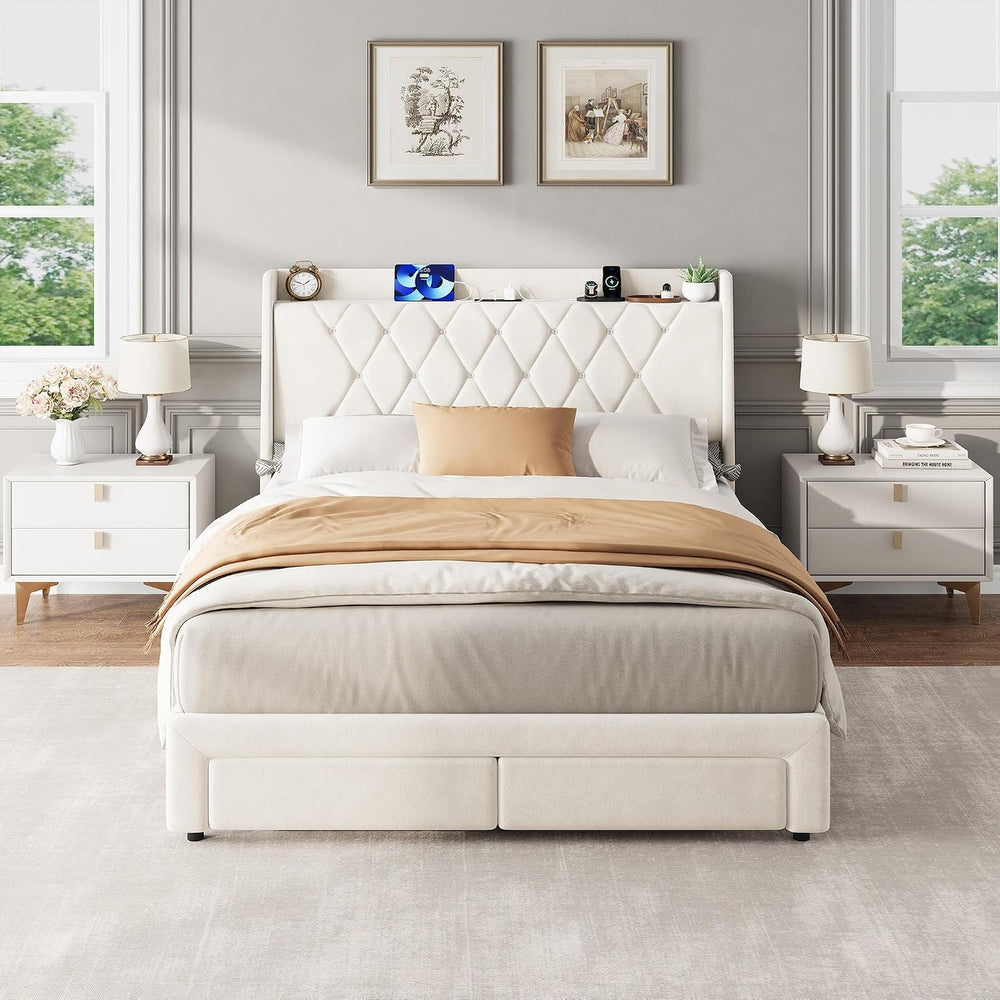 Garvee Full Size Bed Frame with Storage, Velvet Upholstered Platform Bed Fram...