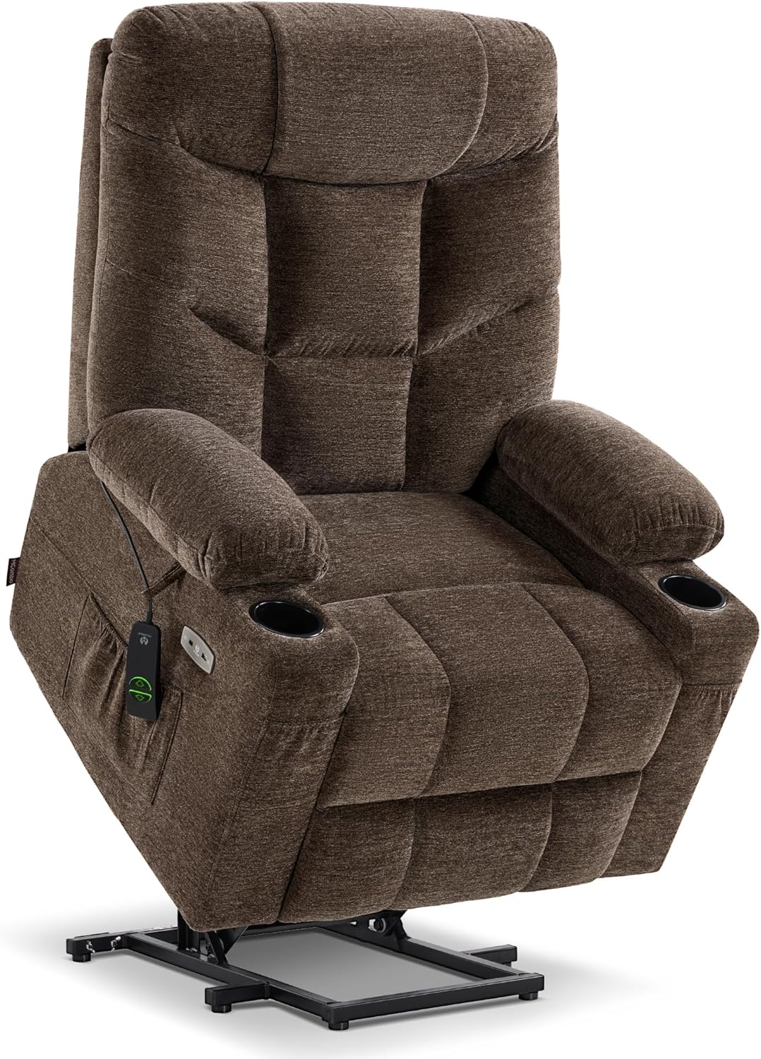 MCombo Power Lift Recliner Chair for Elderly, Fabric 7283 (Brown, Large) | Extra Extended Footrest, Cup Holders, USB Ports, Soft & Comfortable Fabric