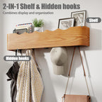Coat Rack Wall Mount with Shelf 4 Hidden Hooks Modern Wooden Key Holder Entryway Organizer for Hallway Bedroom Bathroom Home Decor Storage for Hanging Coats Hats Bags Towels, Wave-Shape Oak