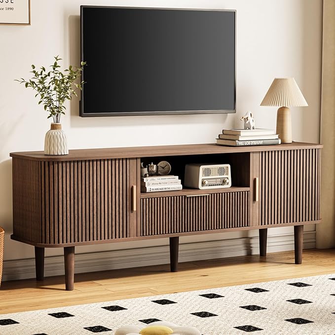 Fluted TV Stand, 55 Inch Mid Century Modern Media Console Table with Sliding Tambour Door Farmhouse Sideboard Buffet Cabinet Fits TVs up to 75 inch, Wood Entertainment Center for Living Room