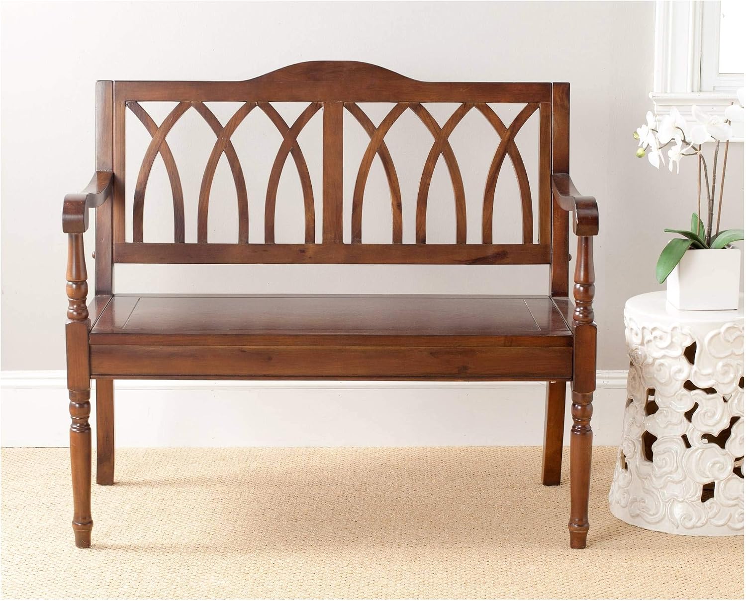 SAFAVIEH Furniture - Benjamin Bench - Teak - Solid Wood - Farmhouse High-Back Design - Ideal for Entryway, Living Room, Dining Room, 17.1" Seat Height (AMH6500D)