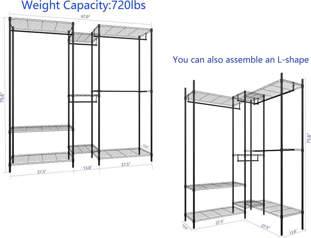 6 Tiers Heavy Duty Clothes Shelf,Metal Garment Rack, Adjustable Garment Rack with Hanging Rod and Wire Fixing Baskets,Max Load 720LBS,Black