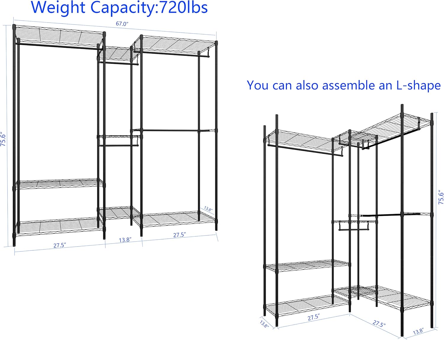 6 Tiers Heavy Duty Clothes Shelf,Metal Garment Rack, Adjustable Garment Rack with Hanging Rod and Wire Fixing Baskets,Max Load 720LBS,Black