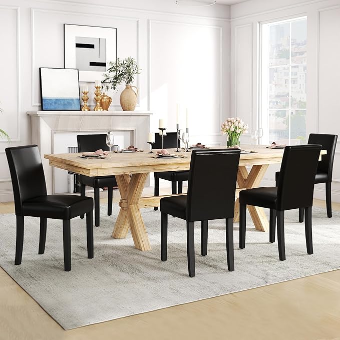 LSSPAID Dining Chairs Set of 6, Modern Stylish PU Leather Upholstered Parson Chair, Dining Room Chairs with Solid Wood Legs for Kitchen Living Room, Black