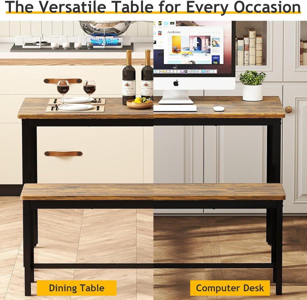Rovibek Dining Table Set for 4 with 2 Benches – Space-Saving Kitchen Table Set for Kitchen & Dining Room, Rustic