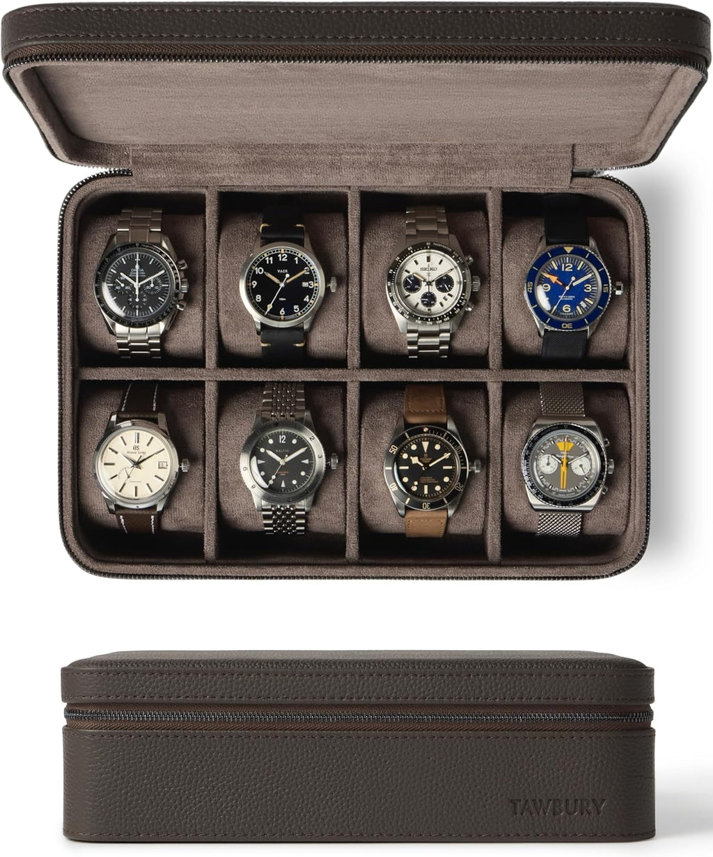 TAWBURY Watch Case - 8 Slot Genuine Top-Grain Leather Watch Box for Men & Women with Extra Wide Pillows for Large Watches - Portable Wristwatch Storage for Home & Travel (Brown)