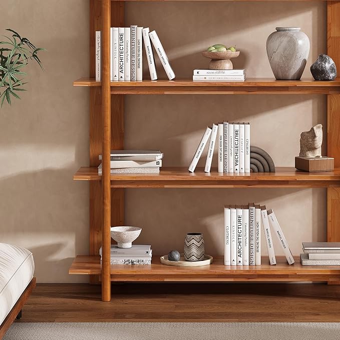 Merax 4 Shelf Bookcase H-70 L-53 Acacia Wood Open Bookshelf, Contemporary Farmhouse Style Display Storage Shelf for Home Office Studio, Teak Finish