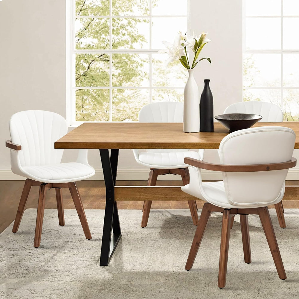 LUNLING Swivel Dining Chairs Set of 4, Mid Century Modern White Faux Leather ...