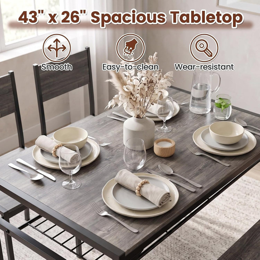 COSTWAY Dining Table Set for 4 with Bench & 2 Chairs, Storage Racks, Grey