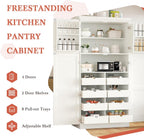 SOFTSEA Tall Kitchen Pantry Cabinet for Dining Room, Kitchen Hutch with 8 Pull-Out Trays, Freestanding Storage Cabinet with Adjustable Shelves and 2 Door Shelves, 35.5x17.6x70.9 Inch, White