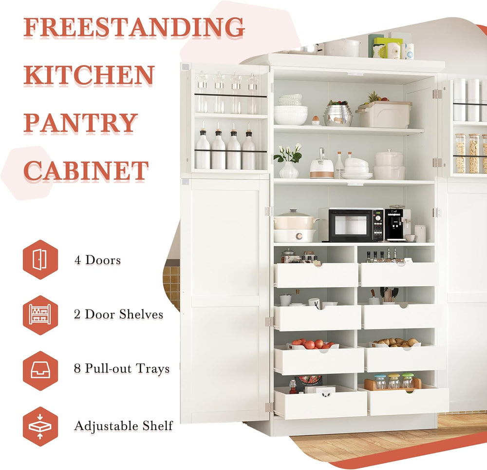 71" Kitchen Pantry Storage Cabinet, Freestanding Farmhouse Pantry Cabine...