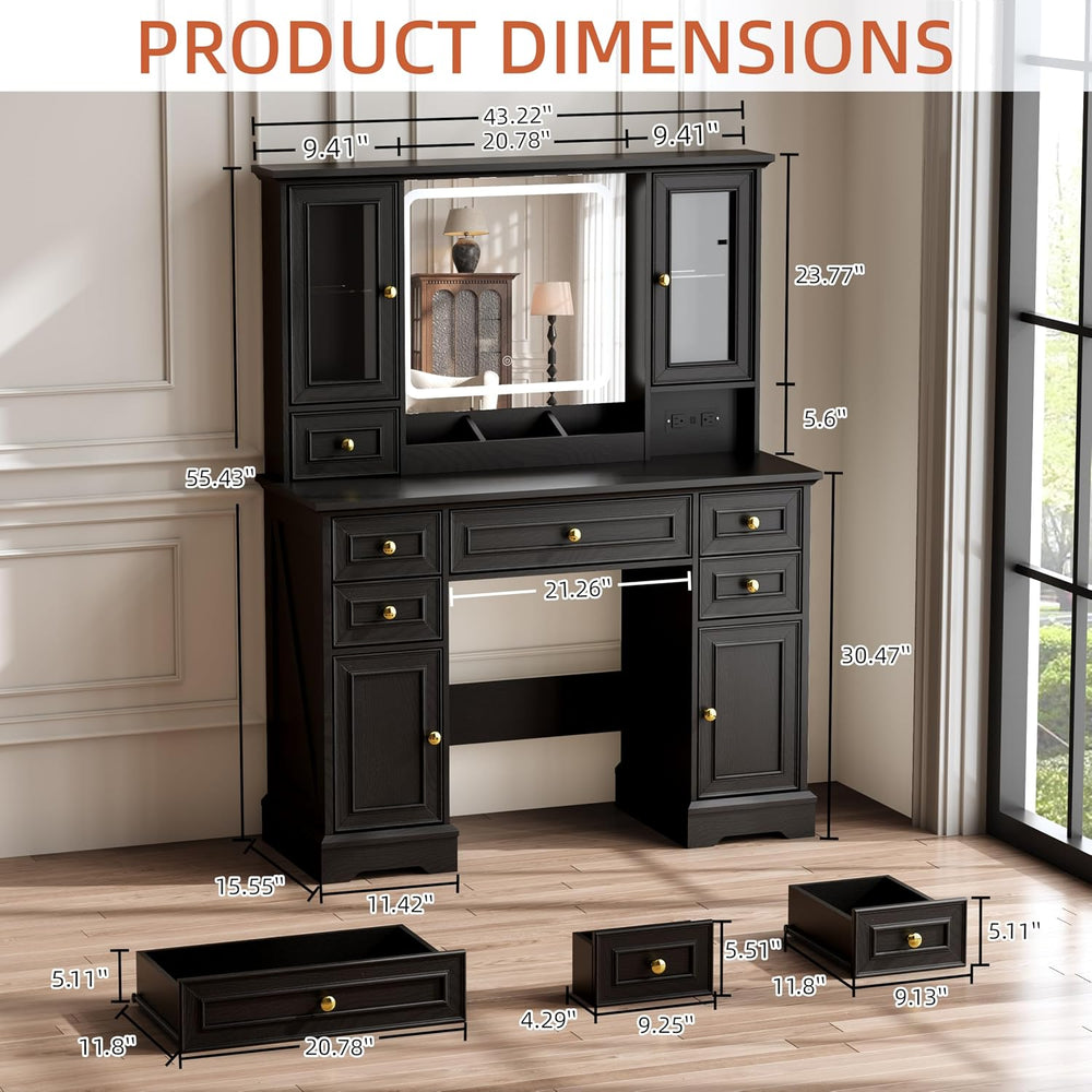 Vanity Desk with Mirror & Lights, Makeup Vanity with Power Outlet & U...
