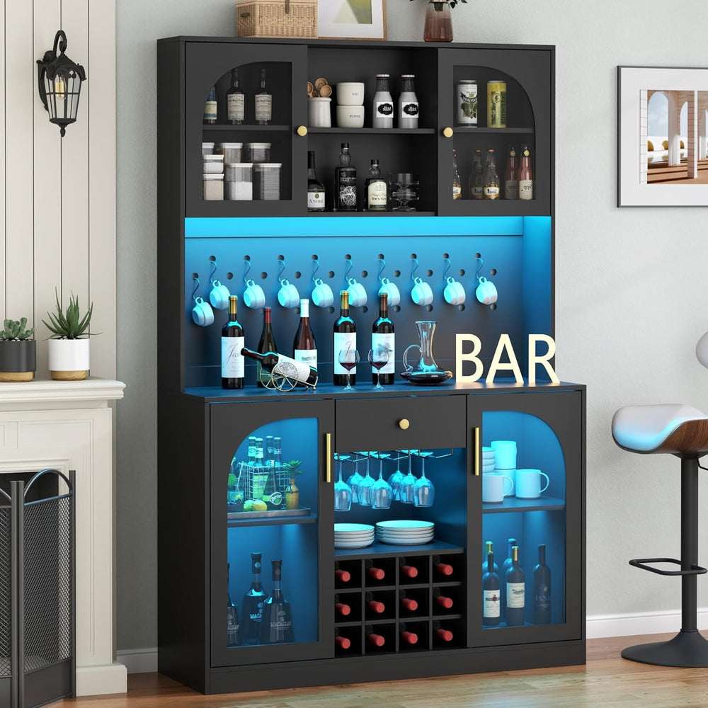 72'' Tall Kitchen Pantry Storage Cabinet with Led Light - Black Pantr...
