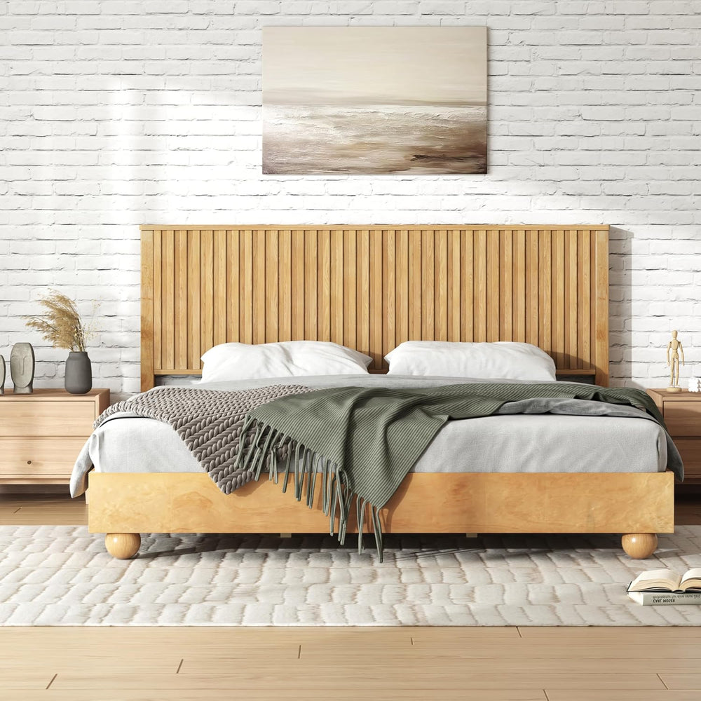 Merax King Size Bed Frame with Reeded Headboard, Natural Wood Platform Bed Fr...