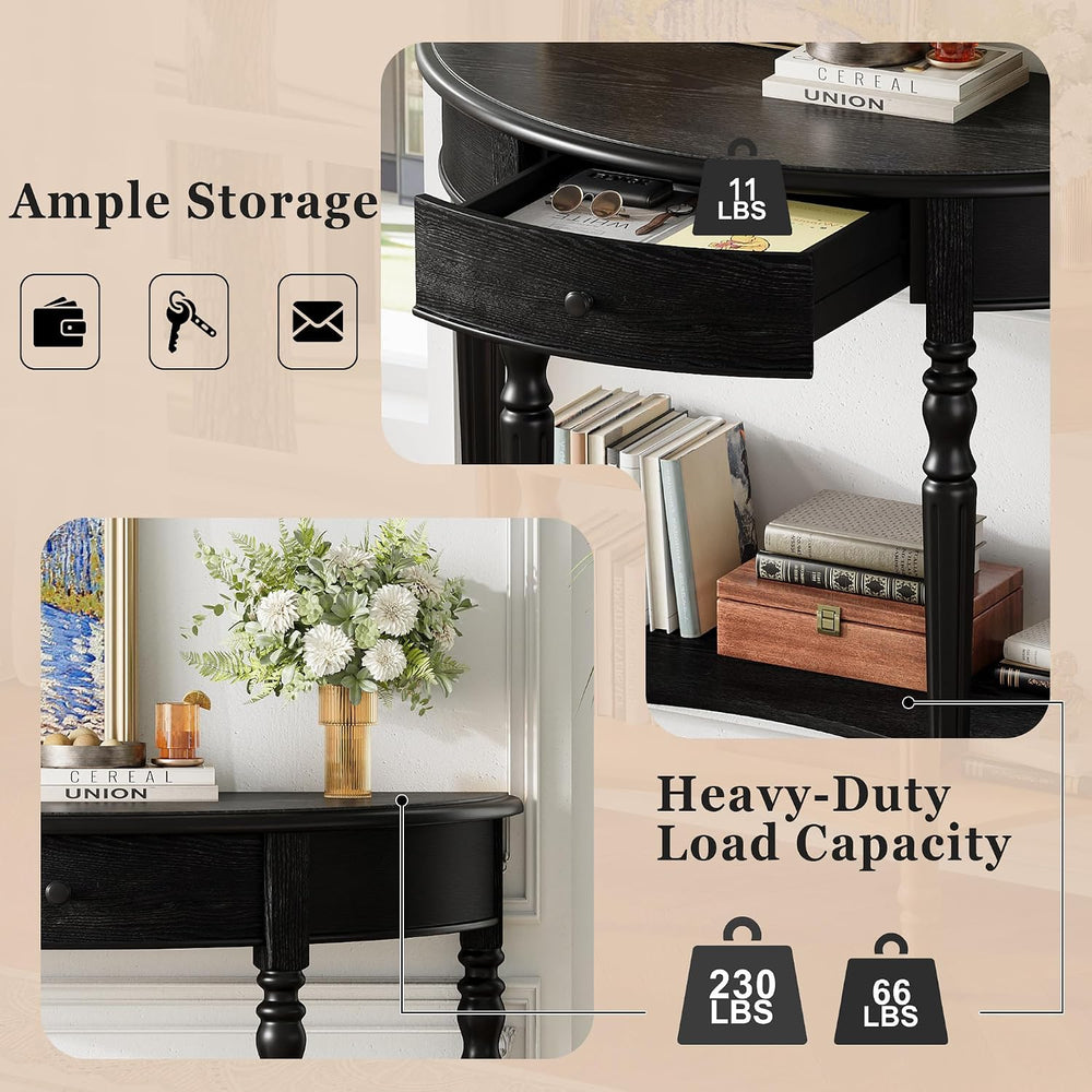LUMISOL Half Moon Entryway Table with Drawer & Shelf, Black | Rustic Cons...