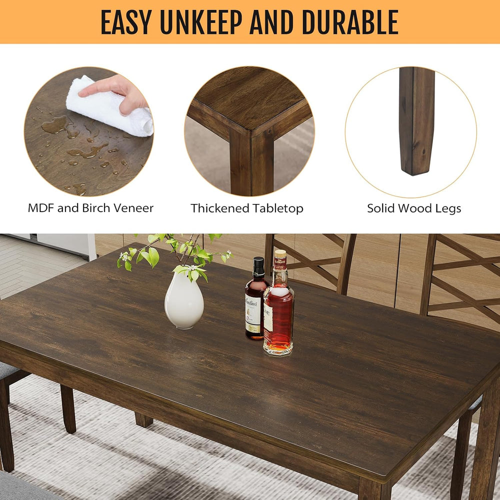 Zevemomo 6-Piece Solid Wood Dining Table Set, Includes 1 Dining Table, 4 Upho...
