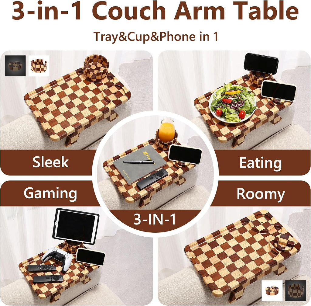 Checkered Rubber Wood Couch Arm Tray, Sofa Armrest Tray with Rotating Cup Holder & Phone Stand, Large Clip-on Sofa Side Table Furniture for Drinks & Remote, 15.36"x9.85", Gift Box