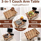 Checkered Rubber Wood Couch Arm Tray, Sofa Armrest Tray with Rotating Cup Holder & Phone Stand, Large Clip-on Sofa Side Table Furniture for Drinks & Remote, 15.36"x9.85", Gift Box