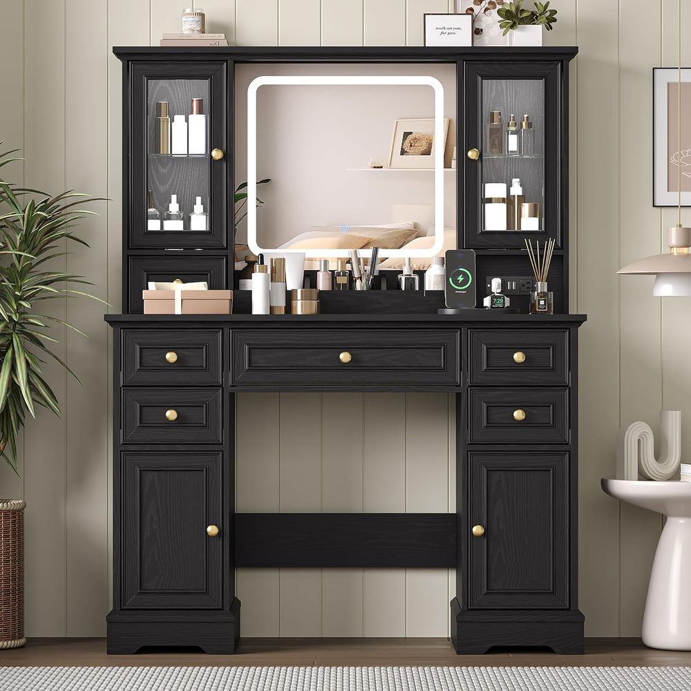 HUANLEGO Farmhouse Makeup Vanity Desk with Mirror and LED Lights, Black | Van...