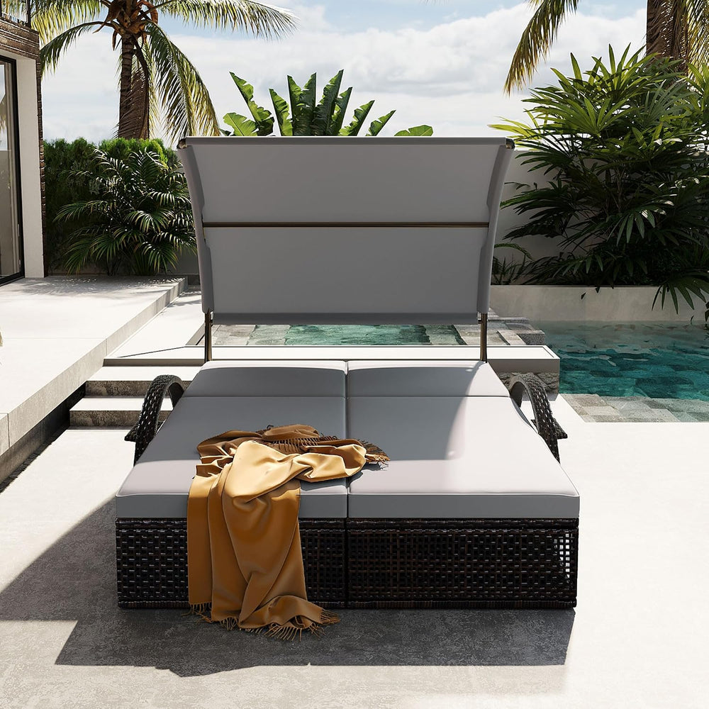 Outdoor Sun Lounger with Adjustable Backrest,Canopy, Patio Double Sunbed with...