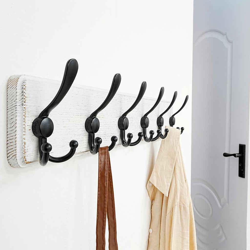 Dseap Coat Rack Wall Mounted - 24" Long 6 Tri Hooks, Heavy Duty Wooden Wall Coat Hanger Coat Hook for Clothes Hat Jacket Clothing, White and Black, Pack of 2