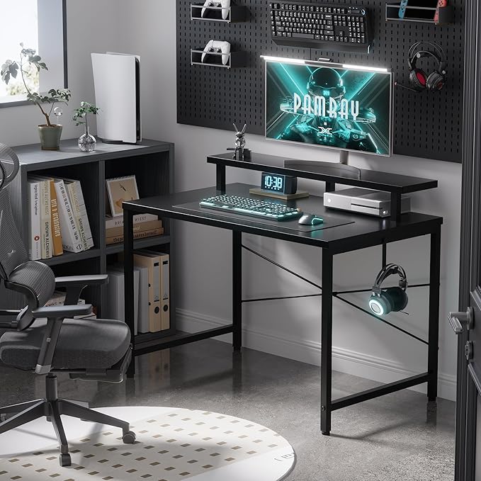 Pamray 32 Inch Small Computer Desk with Monitor Stand, Simple Office Desk with Headphone Hook for Small Spaces, Kids Study Writing Table for Bedroom, Black