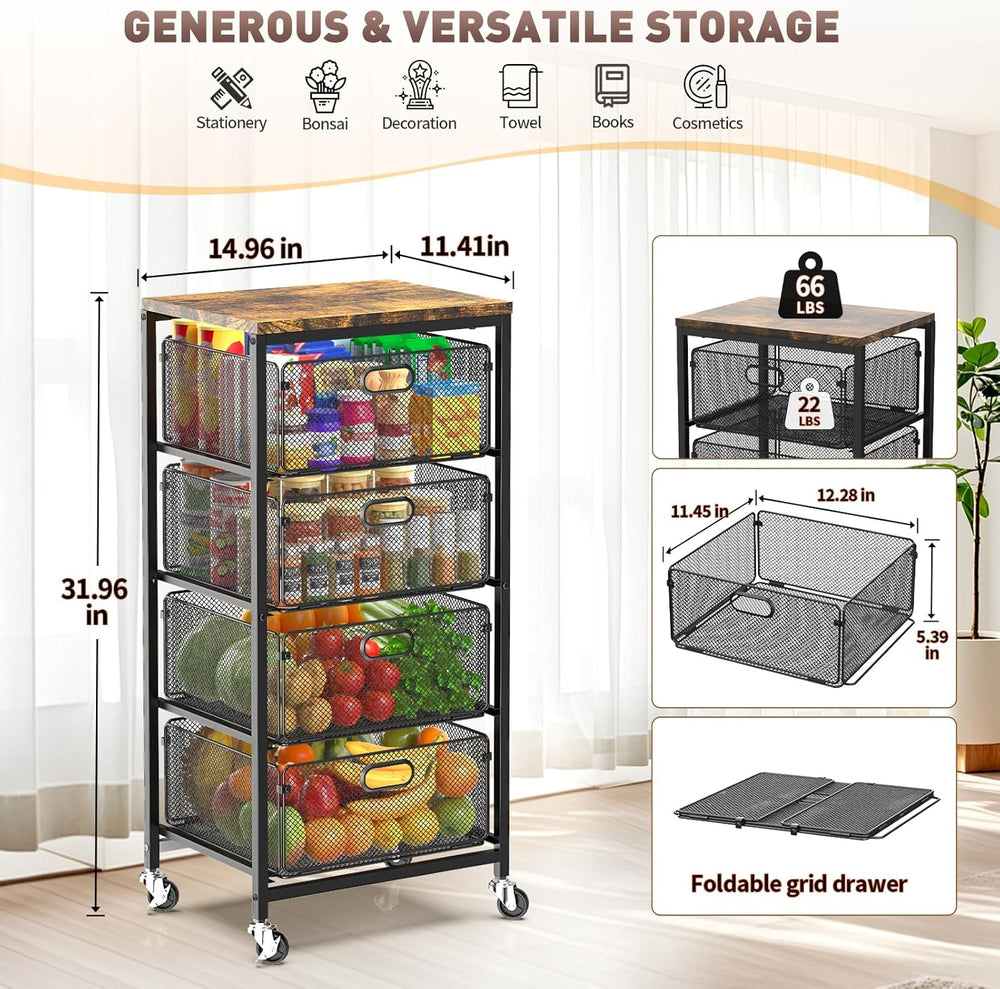SUNALLY Rolling Kitchen Cart with Drawers, 4-Tier Utility Cart Fruit Vegetabl...