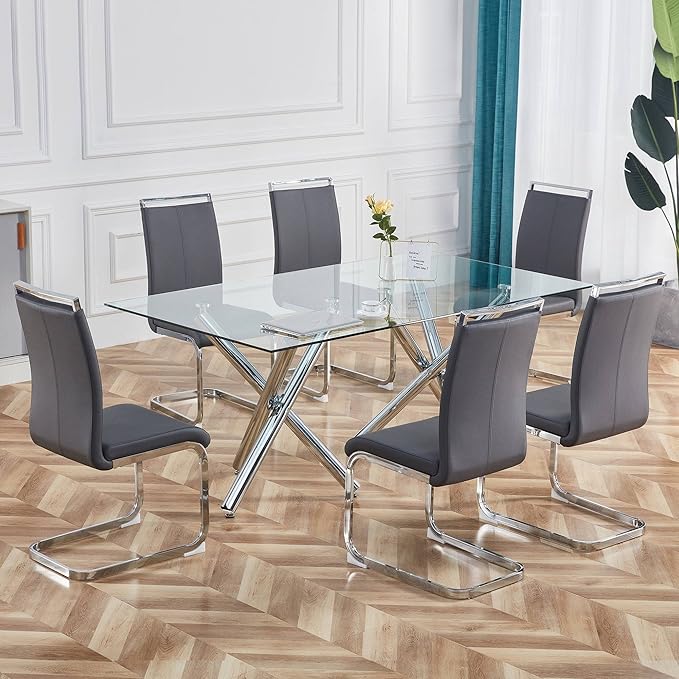 AZmac Modern Leather Dining Chairs Set of 8,Armless Kitchen Chairs,Dining Room Chairs with Upholstered Padded Seat and Sturdy Chrome Legs for Dining Room,Kitchen (Set of 8, Grey+PU Leather)