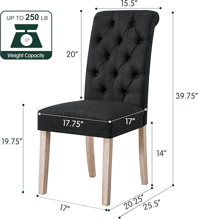 CHUN YI Dining Chairs Set of 6, Button Tufted Upholstered Fabric Dining Room Chairs with Solid Wood Legs and Curved Back, Parsons Side Chairs for Kitchen, Dark Grey