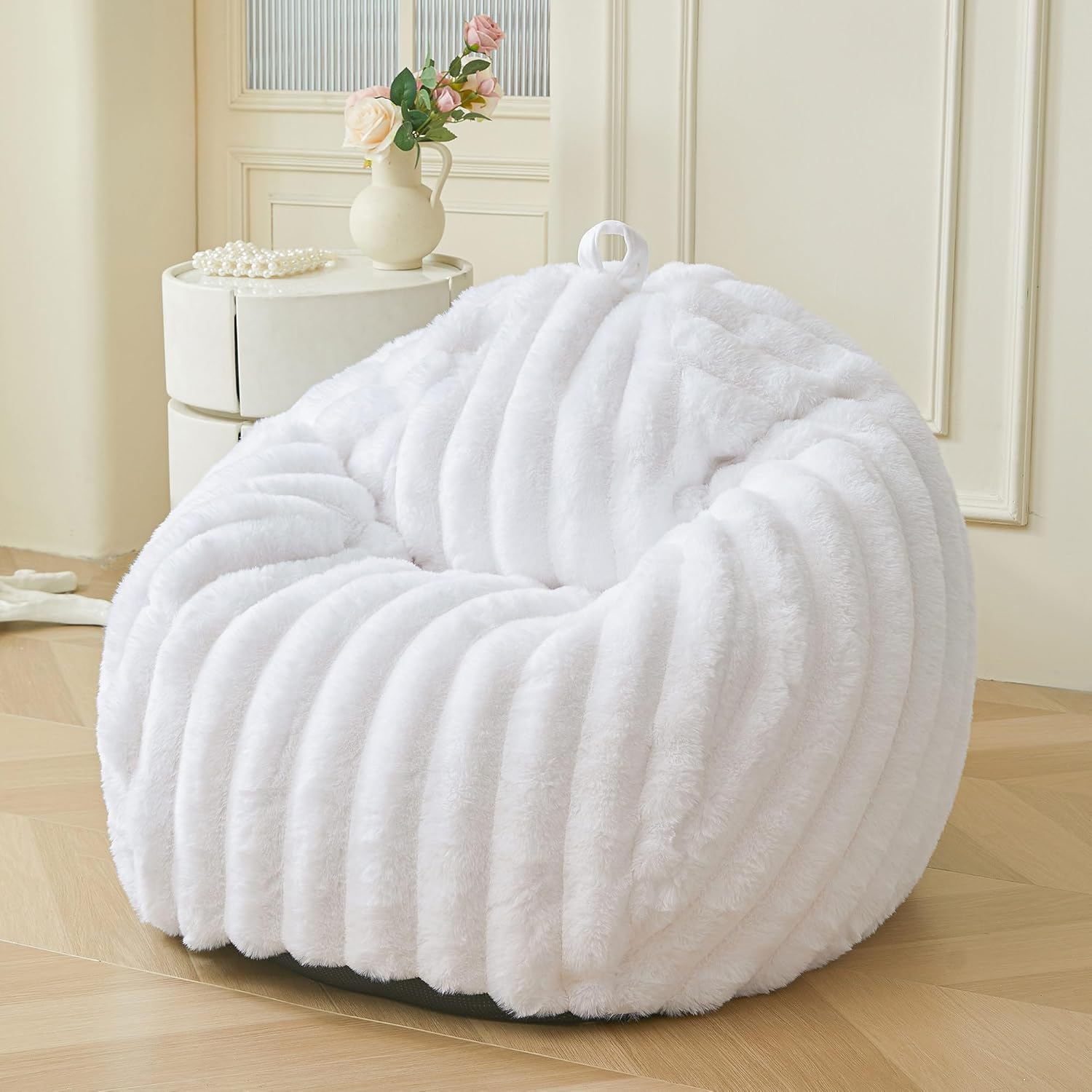 MEGO Fluffy Faux Rabbit Fur Bean Bag Chair Cover(No Filler), Soft Plush Fuzzy Striped Stuffed Animal Storage Bean Bag, 3FT Large Furry Ribbed Beanbag Cover for Bedroom Living Room, Anti-Slip, White