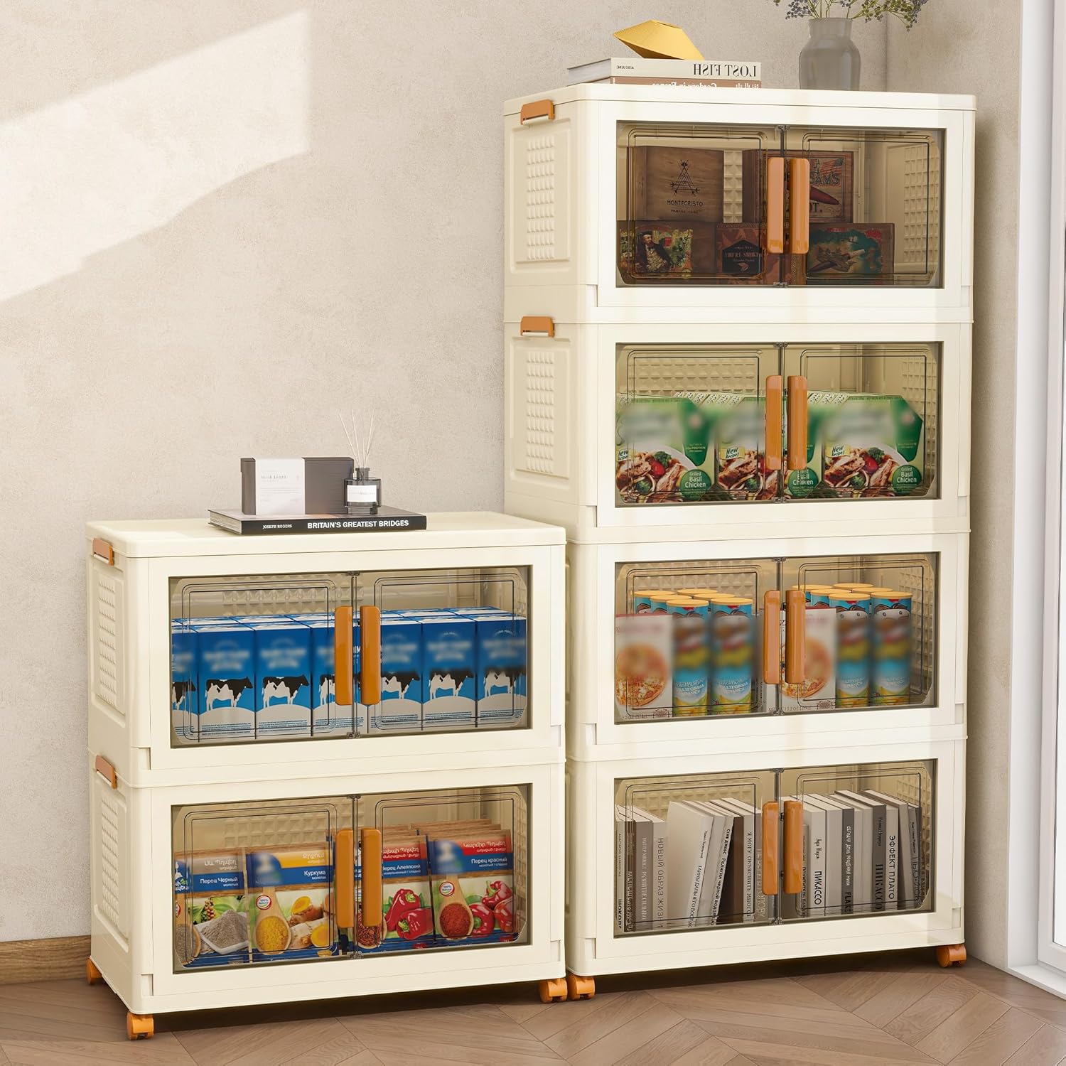Plastic Stackable Storage Bins with Lids and Wheels, Foldable Closet Organizers and Storage Containers, Collapsible Clear Drawer Storage Cabinet with Doors Ivory White 358.4 QT