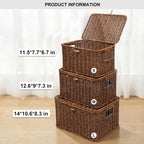 Nonam Wicker Storage Basket with Lid, Large Shelf Baskets for Boho Decor, Plastic Basket, Lidded Home Storage Bins - Stackable Containers Boxes for Organizing - Brown