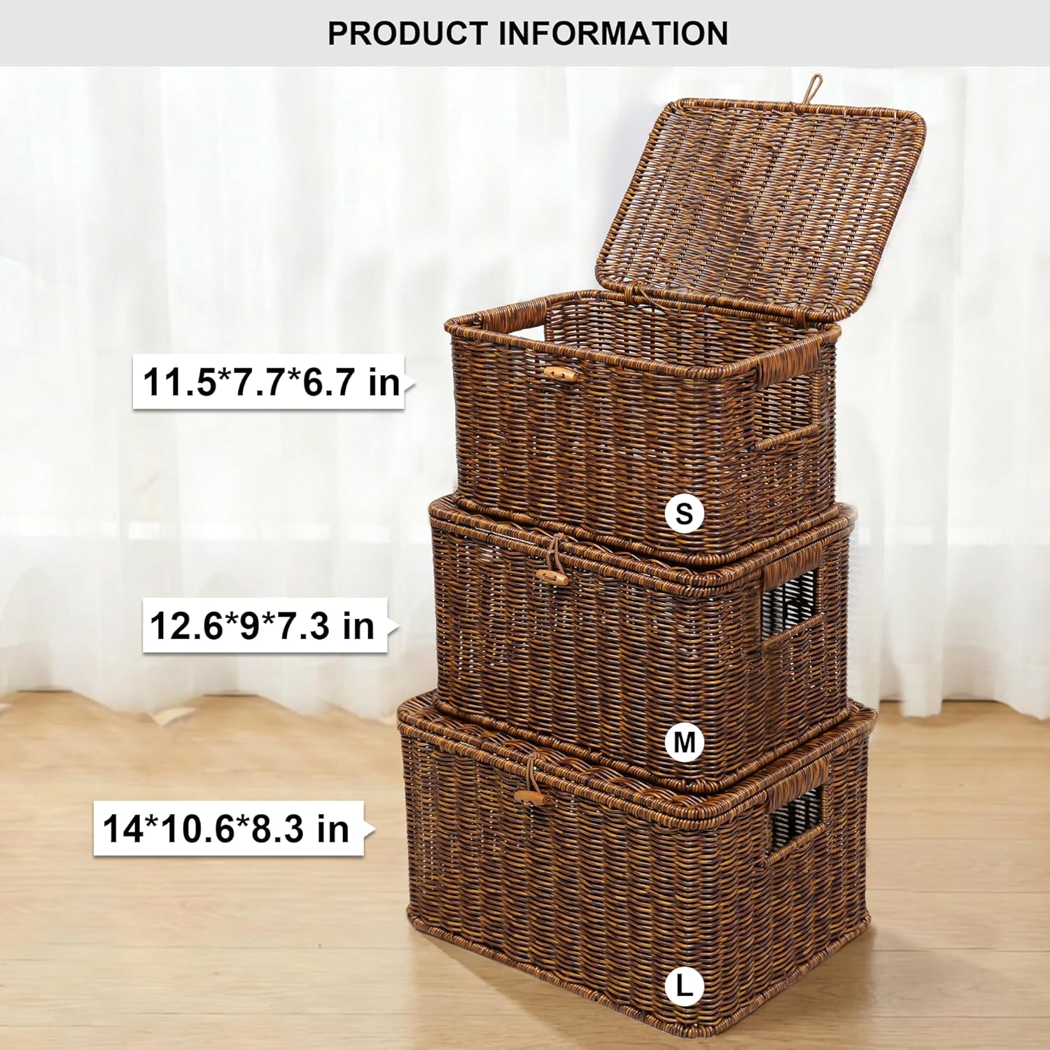 Nonam Wicker Storage Basket with Lid, Large Shelf Baskets for Boho Decor, Plastic Basket, Lidded Home Storage Bins - Stackable Containers Boxes for Organizing - Brown