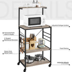 Yaheetech 4-Tier Rolling Bakers Rack,Microwave Stand Kitchen Cart,Gray | Kitchen Bakers Rack on Wheels with 6 S-Side Hooks and Adjustable Feet, Utility Storage Shelf