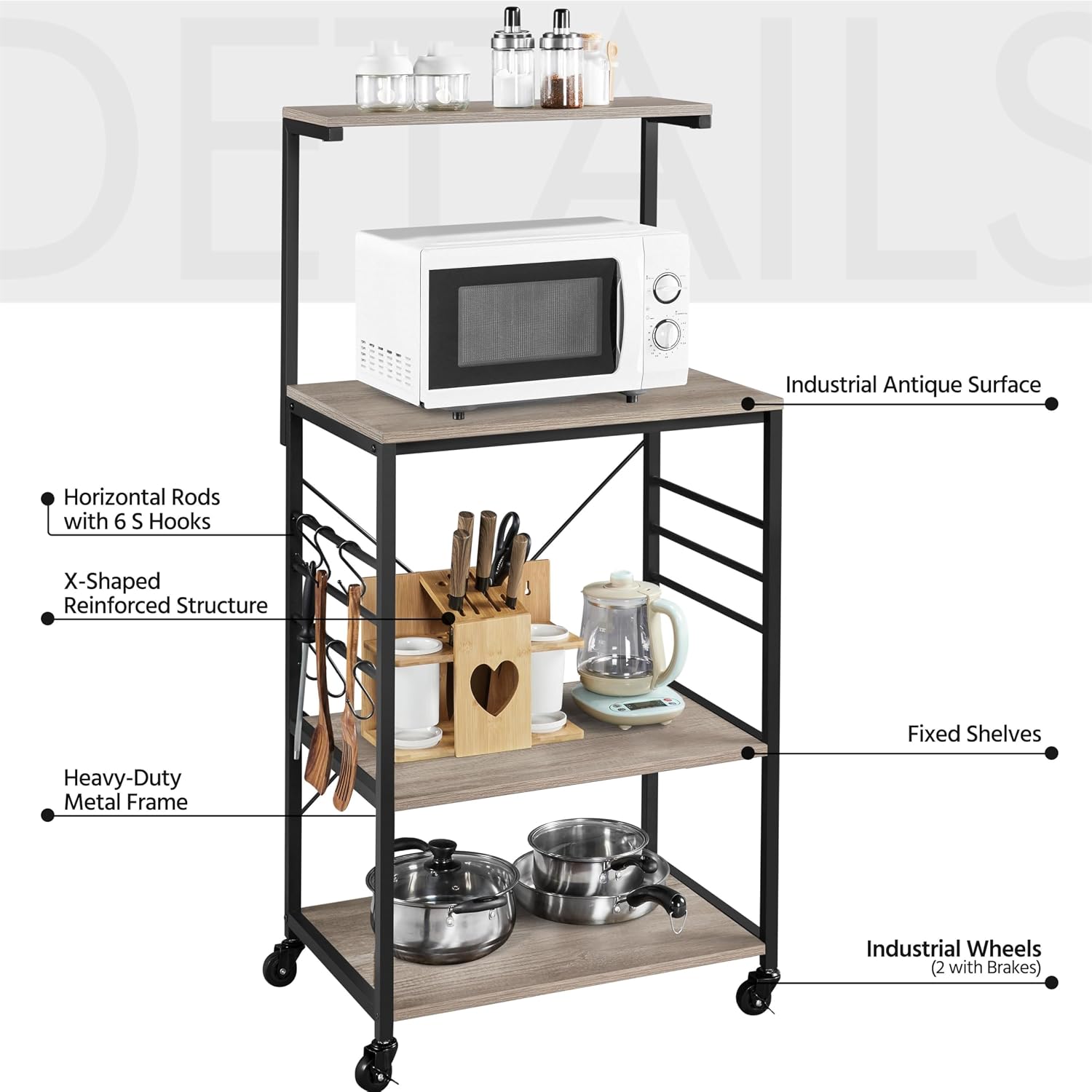 Yaheetech 4-Tier Rolling Bakers Rack,Microwave Stand Kitchen Cart,Gray | Kitchen Bakers Rack on Wheels with 6 S-Side Hooks and Adjustable Feet, Utility Storage Shelf