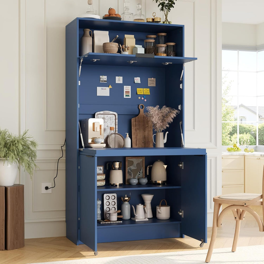 MERITLINE Compact Kitchen Pantry with Hutch and Foldable Workstation, Multifu...