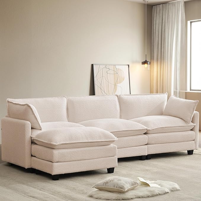 ROWHY 112'' Modular Sectional Cloud Couch with Movable Ottoman, 4 Seat Modern Chenille Sofa with 2 Throw Pillows, Deep Seat L Shaped Couch for Living Room Bedroom Apartment, Beige | Arrange Freedom, Pet-Friendly Fabric, Sturdy Frame, Ultimate Comfort, ...