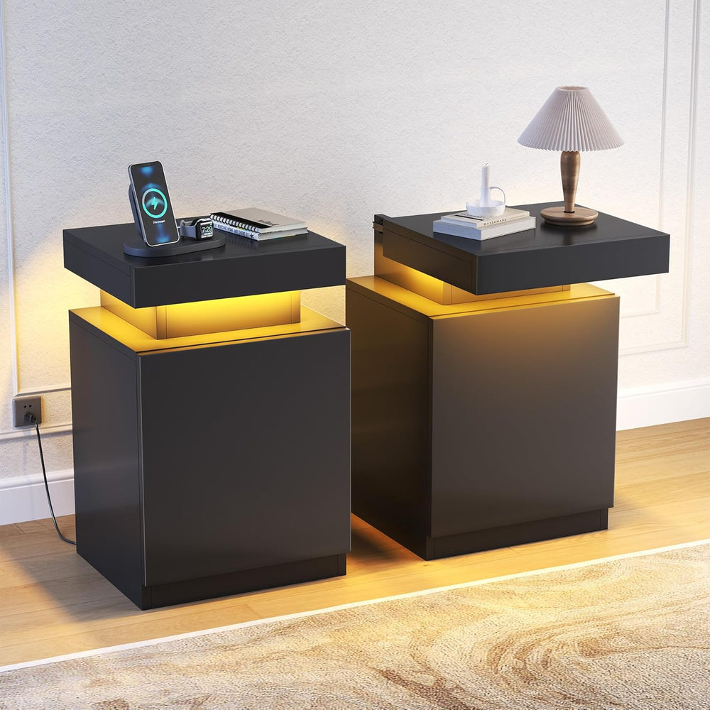 MXV Nightstand with LED Lights & Charging Station, Black Bedside Tables w...