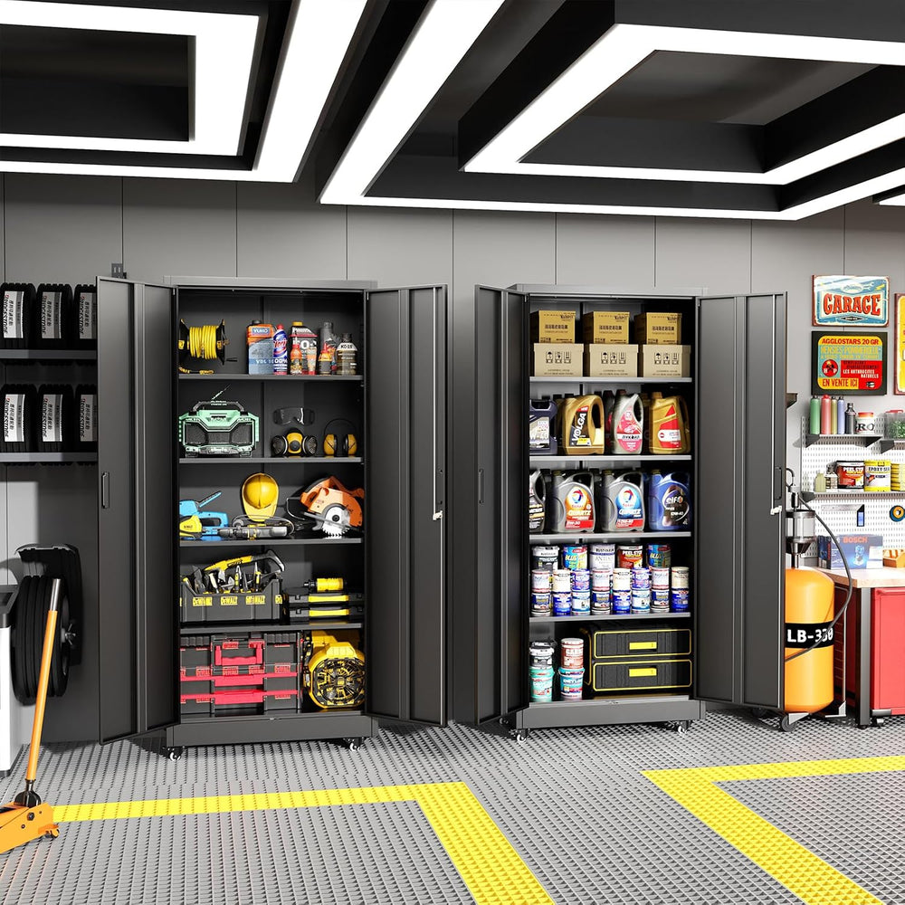 Greenvelly 73" Metal Garage Storage Cabinet with Wheels, Black Lockable ...